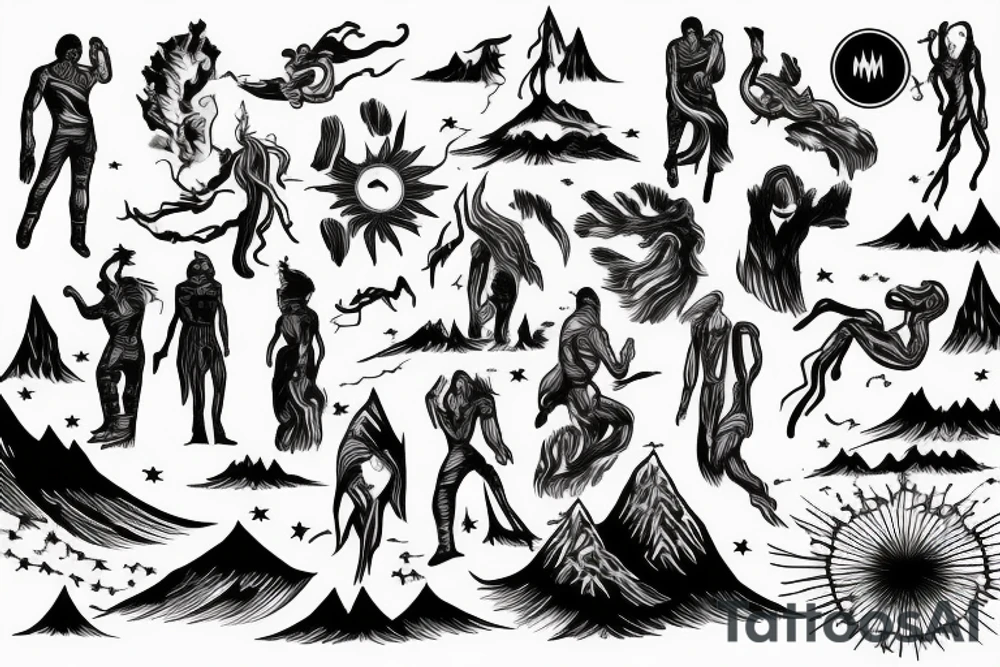 man with lightning in hand on the top of the mountain tattoo idea