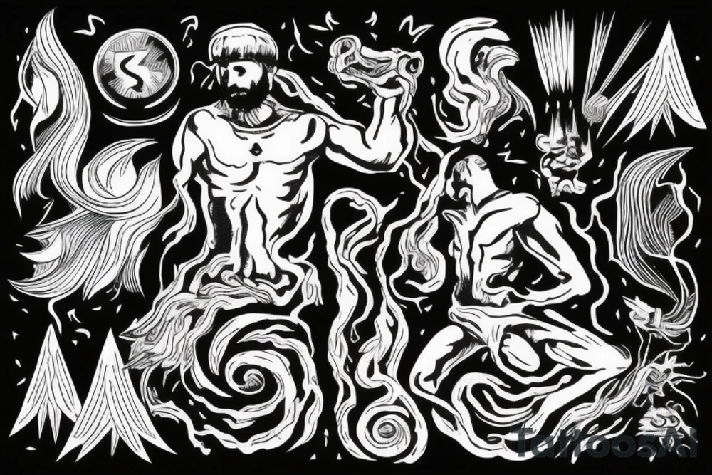 man with lightning in hand on the top of the mountain tattoo idea