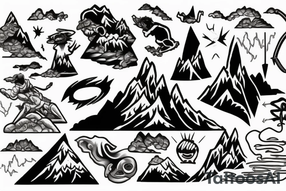 man with lightning in hand on the top of the mountain tattoo idea