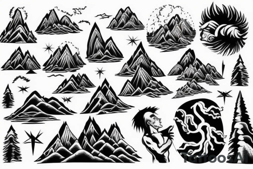 man with lightning in hand on the top of the mountain tattoo idea