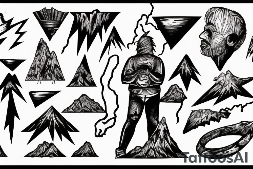 man with lightning in hand on the top of the mountain tattoo idea