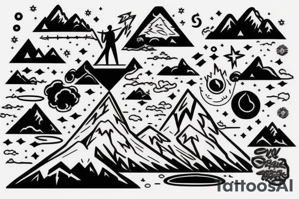 man with lightning in hand on the top of the mountain tattoo idea