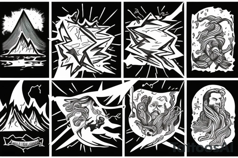 man with lightning in hand on the top of the mountain tattoo idea