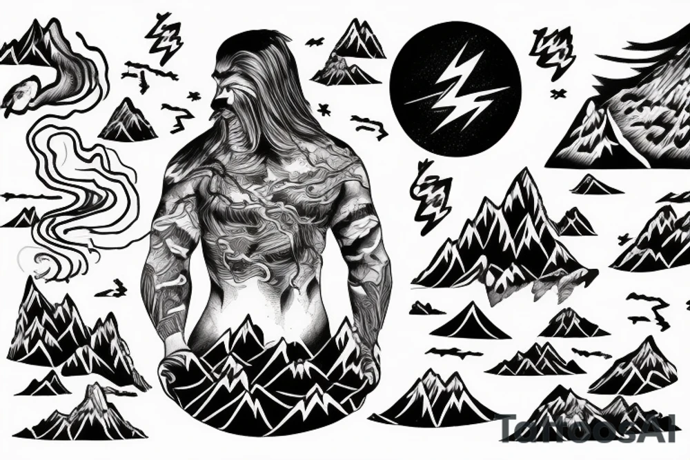 man with lightning in hand on the top of the mountain tattoo idea