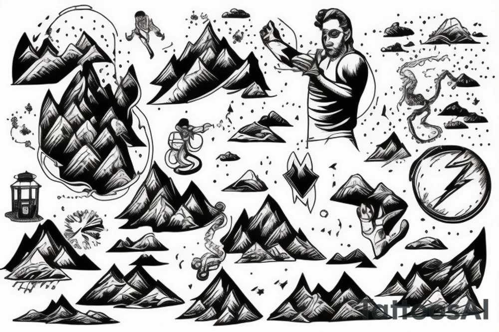 man with lightning in hand on the top of the mountain tattoo idea