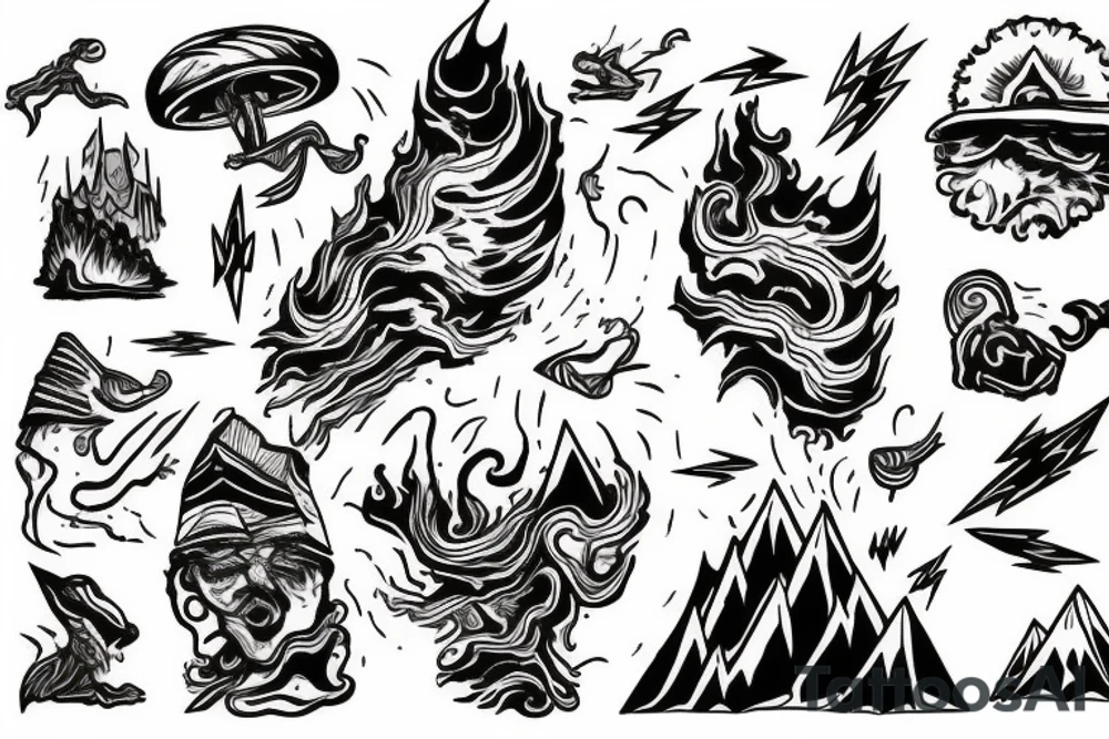 man with lightning in hand on the top of the mountain tattoo idea