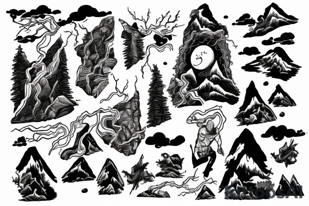 man with lightning in hand on the top of the mountain tattoo idea