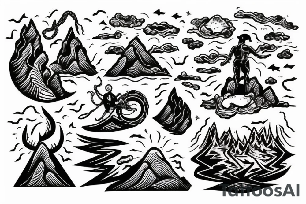 man with lightning in hand on the top of the mountain tattoo idea