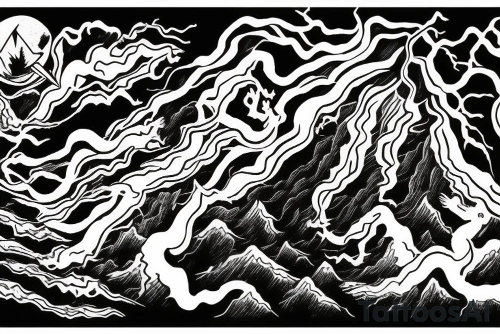 man with lightning in hand on the top of the mountain tattoo idea