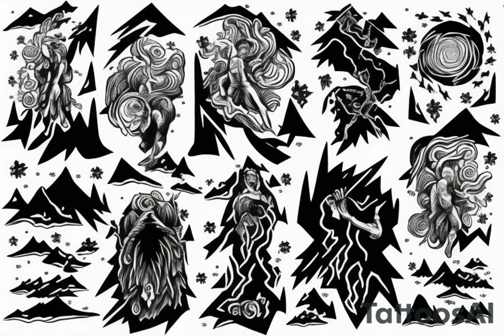 man with lightning in hand on the top of the mountain tattoo idea