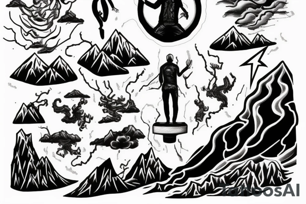 man with lightning in hand on the top of the mountain tattoo idea