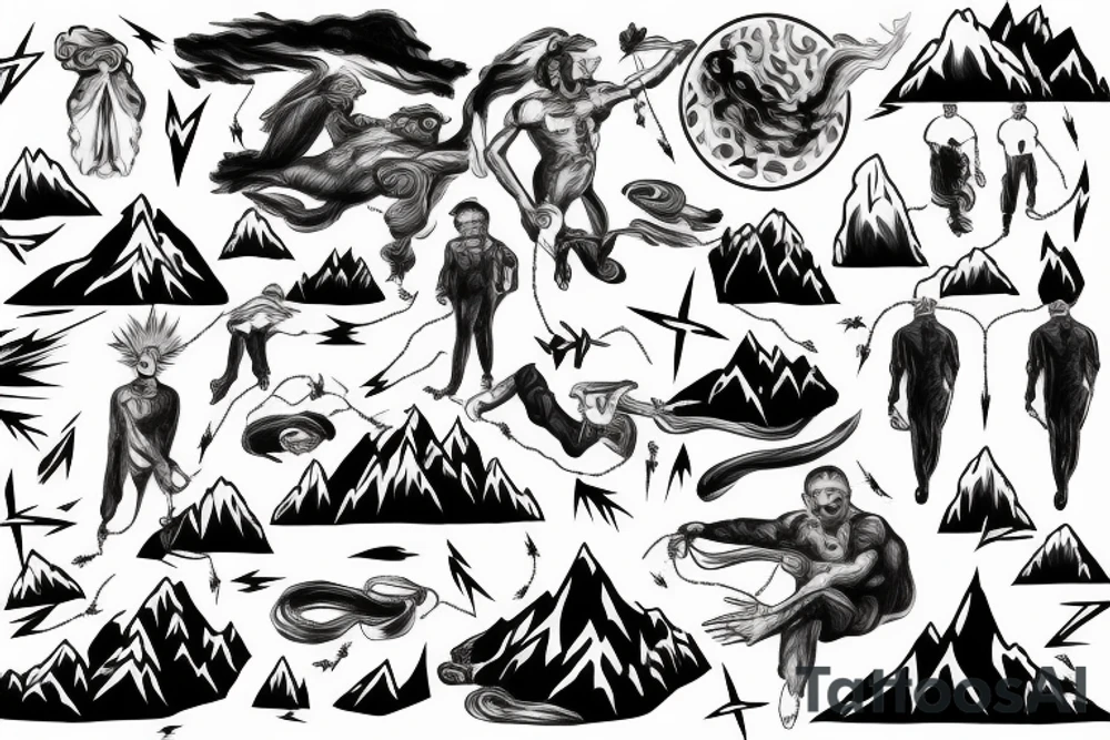 man with lightning in hand on the top of the mountain tattoo idea