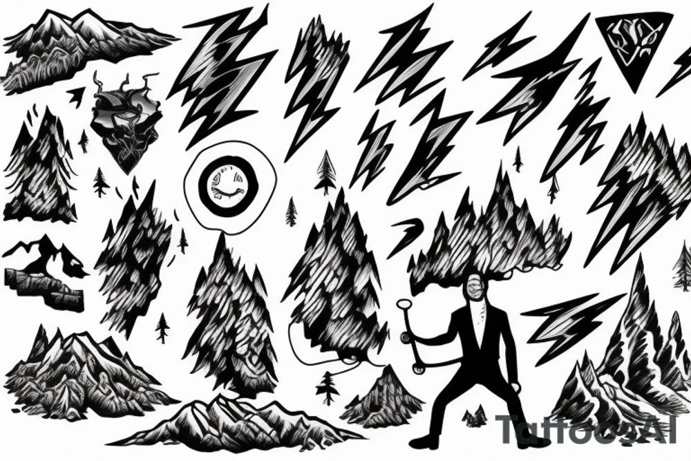 man with lightning in hand on the top of the mountain tattoo idea