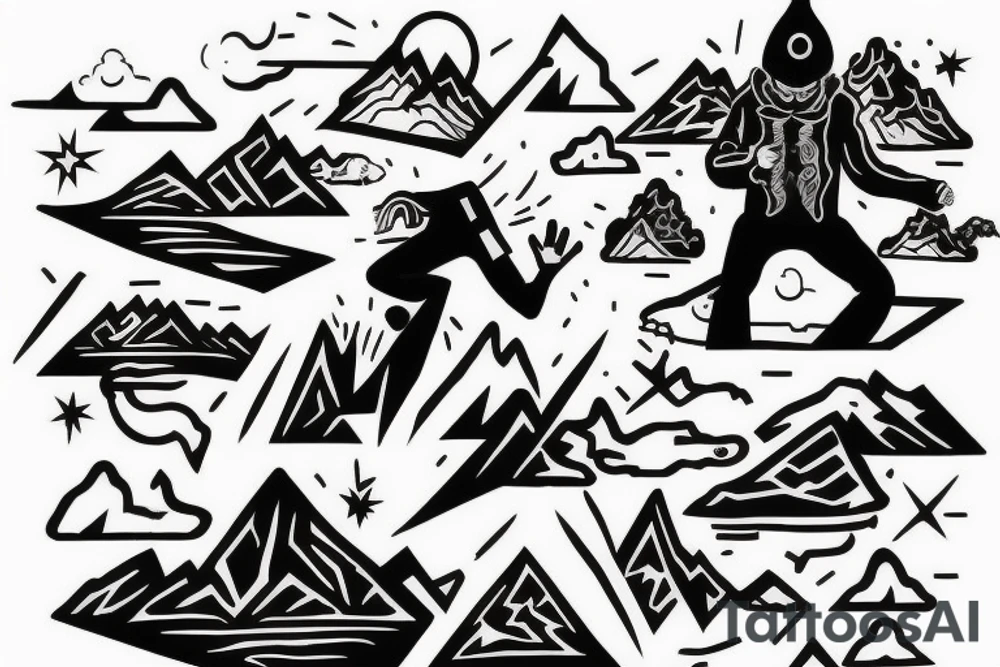 man with lightning in hand on the top of the mountain tattoo idea
