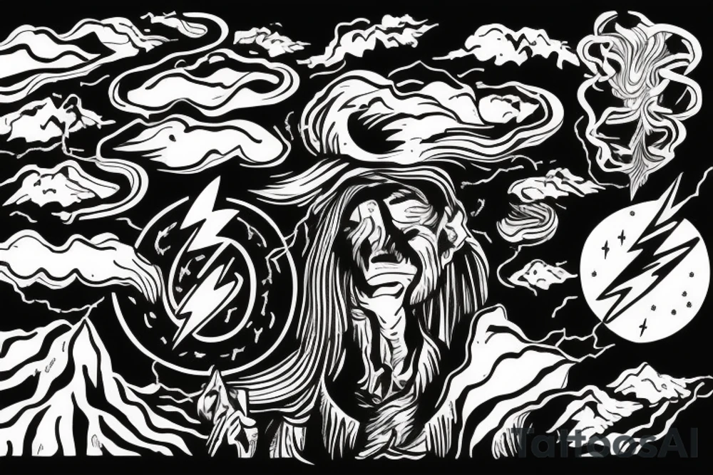 man with lightning in hand on the top of the mountain tattoo idea