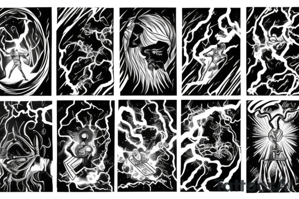 man with lightning in hand on the top of the mountain tattoo idea