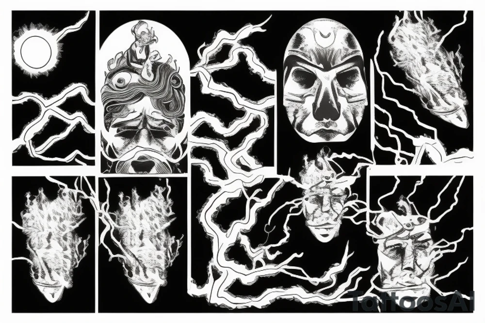 man with lightning in hand on the top of the mountain tattoo idea