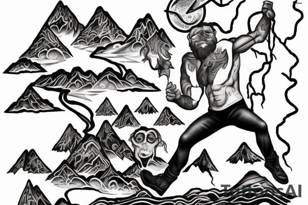 man with lightning in hand on the top of the mountain tattoo idea
