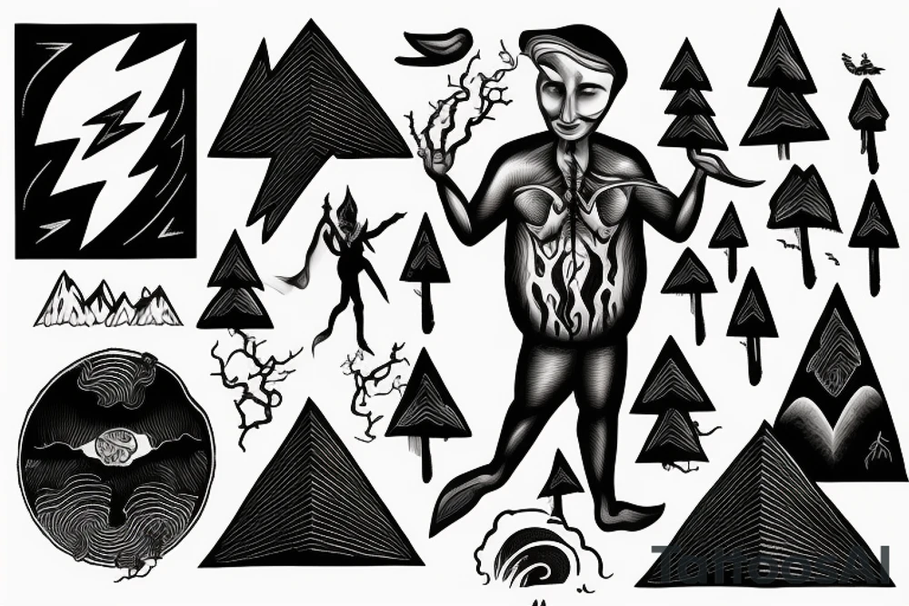 man with lightning in hand on the top of the mountain tattoo idea