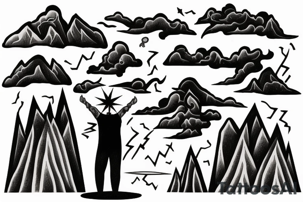 man with lightning in hand on the top of the mountain tattoo idea