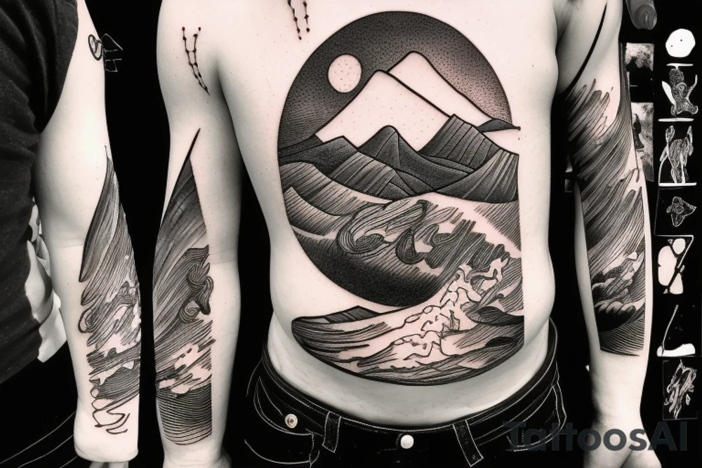 man with lightning in hand on the top of the mountain tattoo idea
