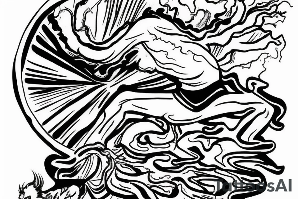 man with lightning in hand on the top of the mountain tattoo idea