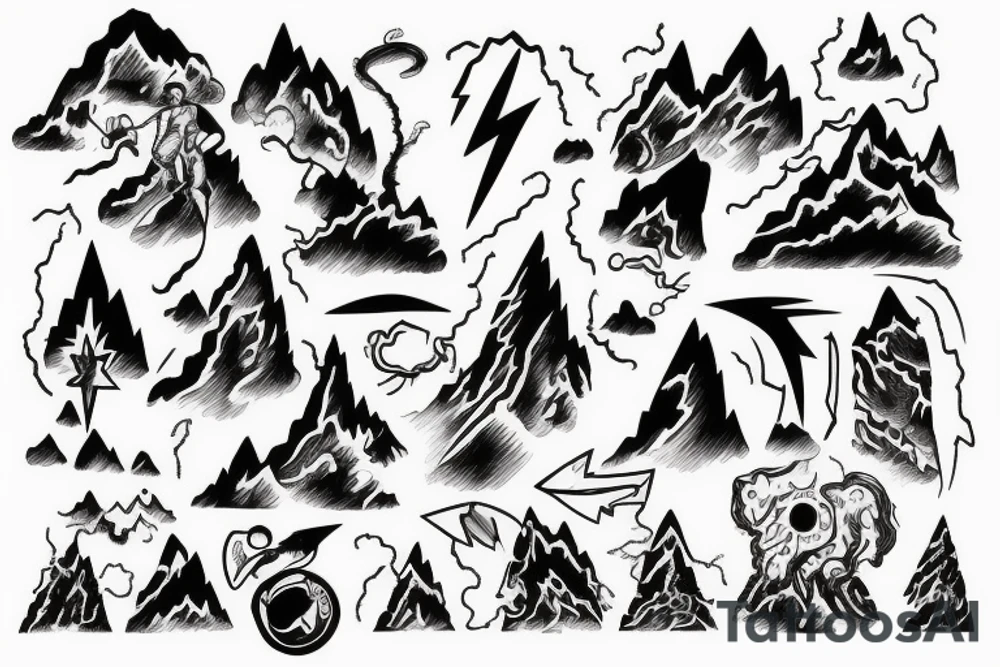man with lightning in hand on the top of the mountain tattoo idea