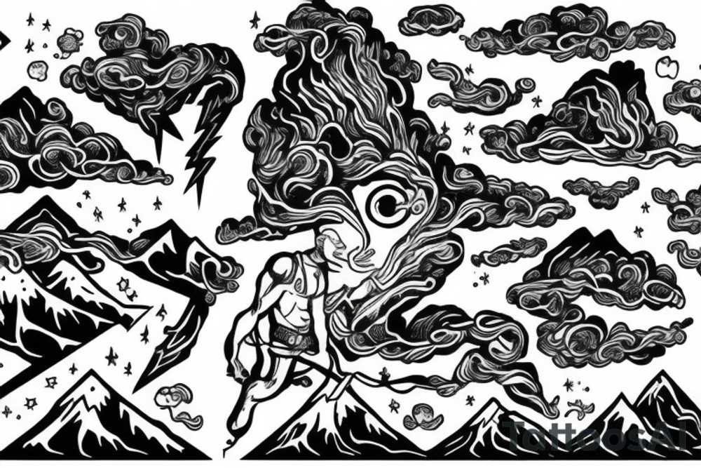 man with lightning in hand on the top of the mountain tattoo idea