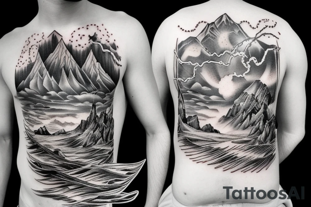 man with lightning in hand on the top of the mountain tattoo idea