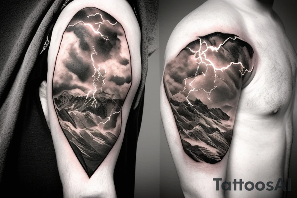 man with lightning in hand on the top of the mountain tattoo idea