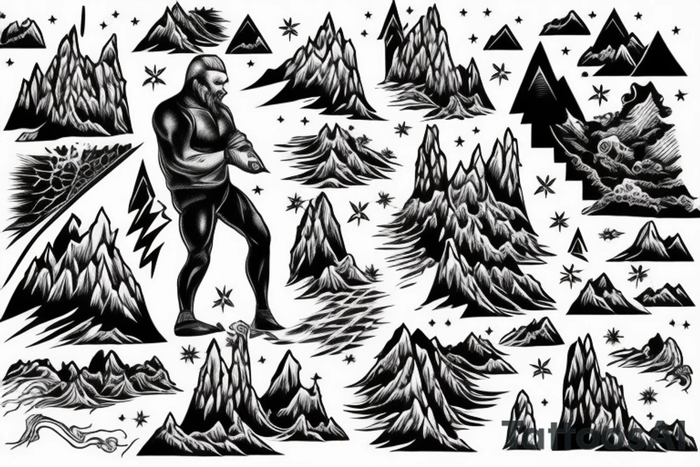 man with lightning in hand on the top of the mountain tattoo idea