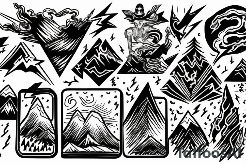 man with lightning in hand on the top of the mountain tattoo idea