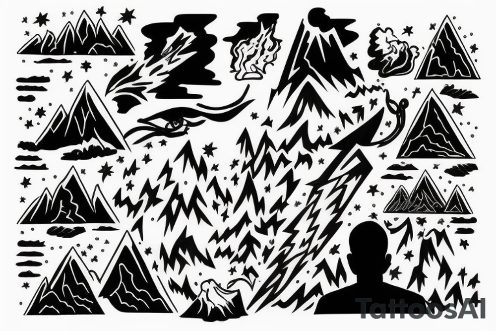 man with lightning in hand on the top of the mountain tattoo idea