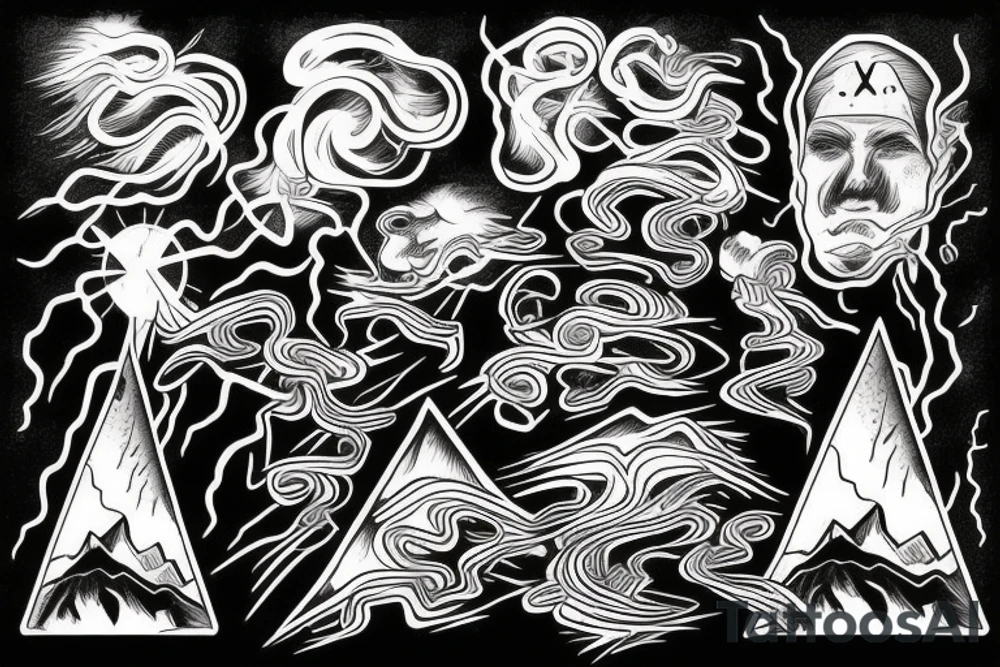 man with lightning in hand on the top of the mountain tattoo idea