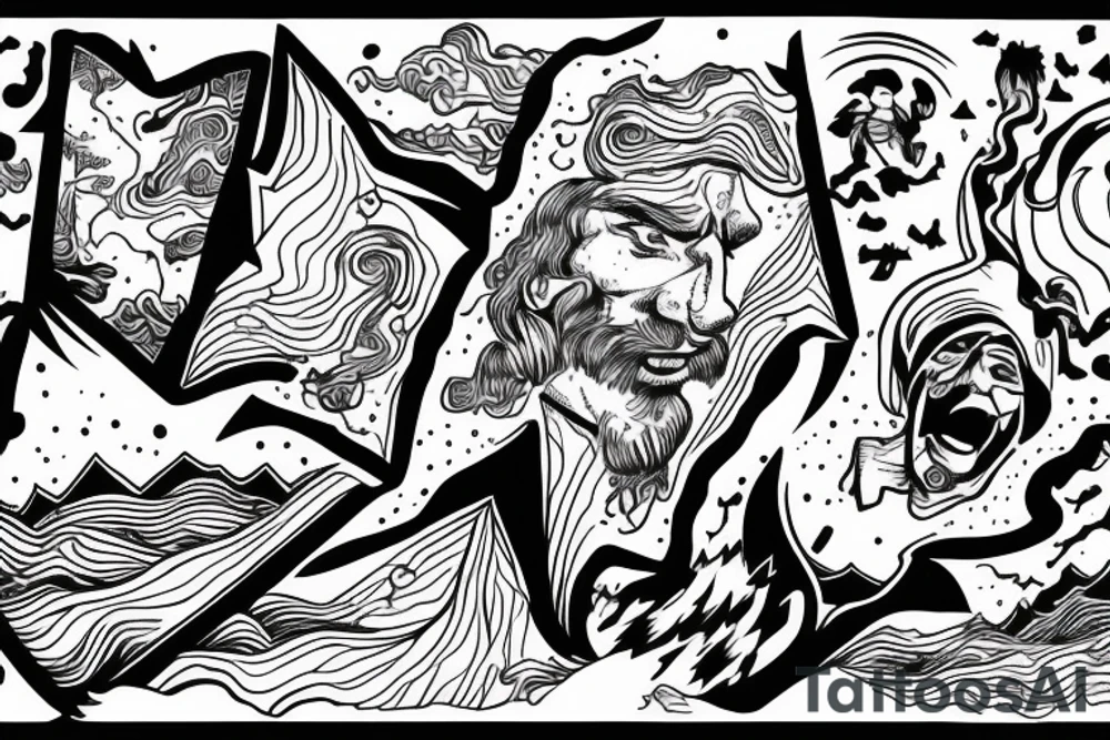 man with lightning in hand on the top of the mountain tattoo idea
