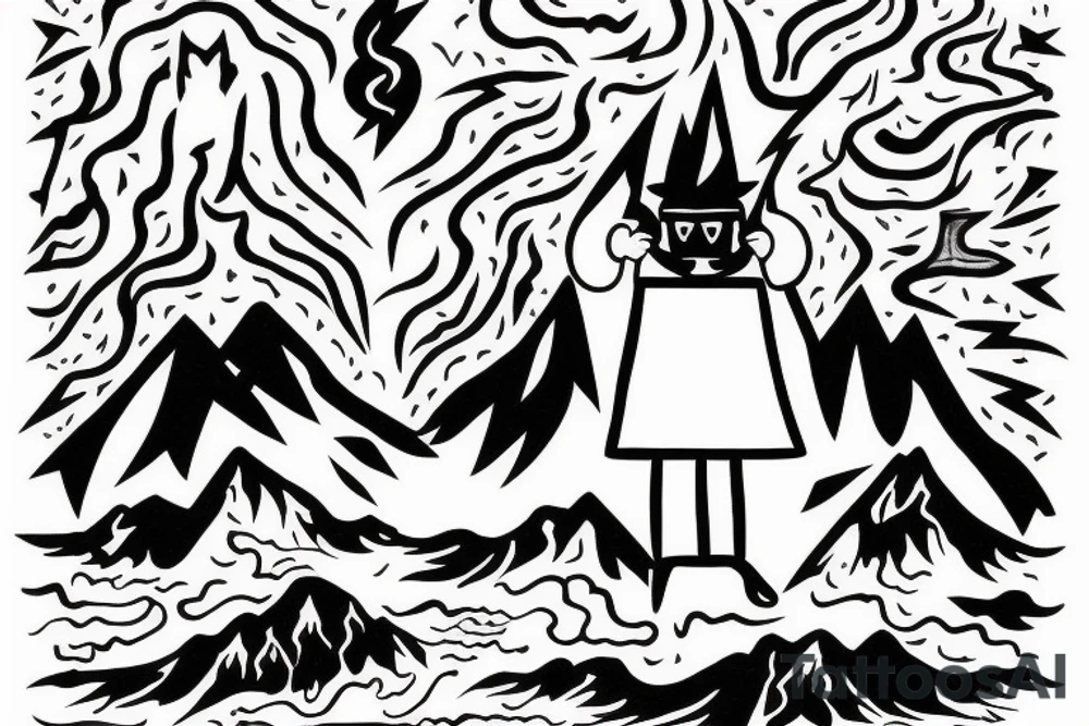 man with lightning in hand on the top of the mountain tattoo idea