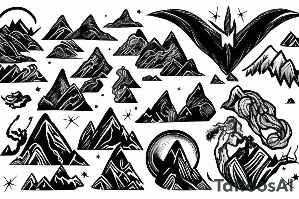 man with lightning in hand on the top of the mountain tattoo idea
