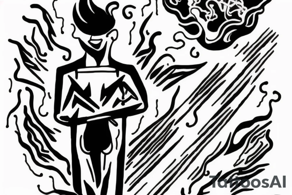 man with lightning in hand on the top of the mountain tattoo idea