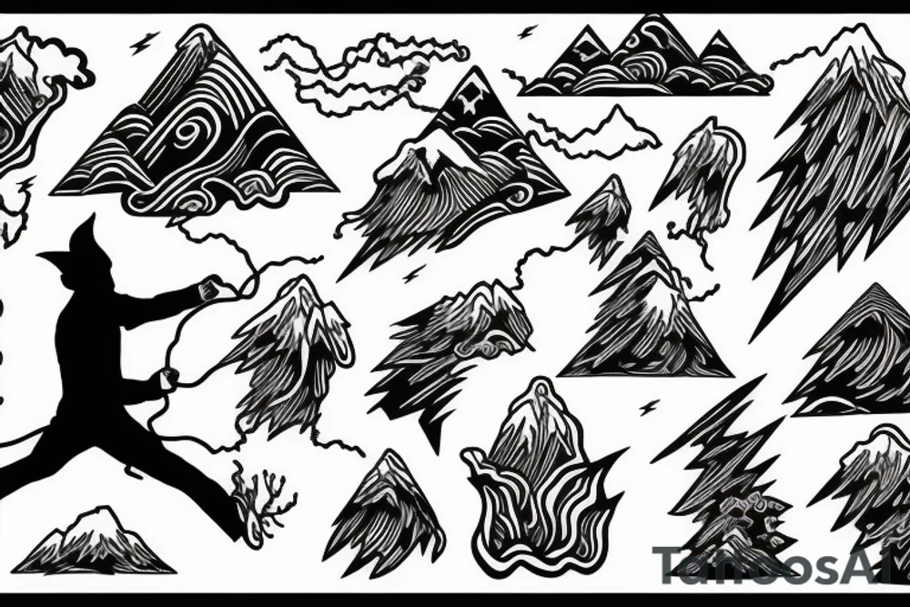 man with lightning in hand on the top of the mountain tattoo idea