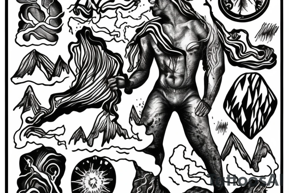 man with lightning in hand on the top of the mountain tattoo idea
