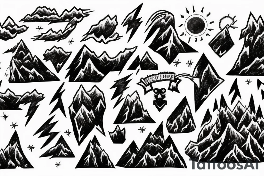 man with lightning in hand on the top of the mountain tattoo idea
