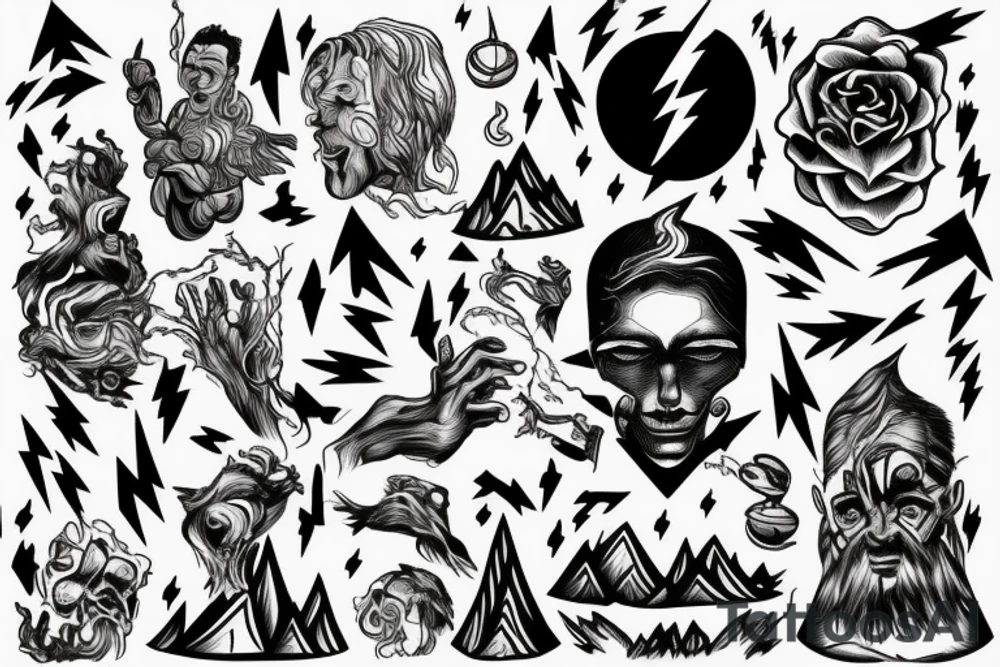 man with lightning in hand on the top of the mountain tattoo idea