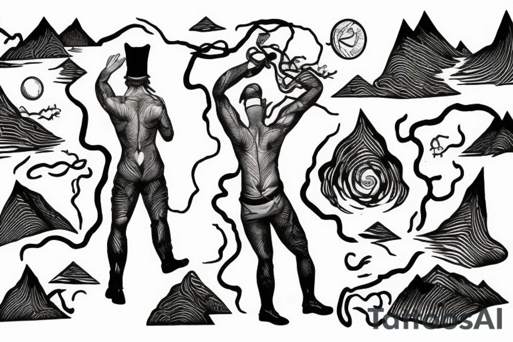 man with lightning in hand on the top of the mountain tattoo idea
