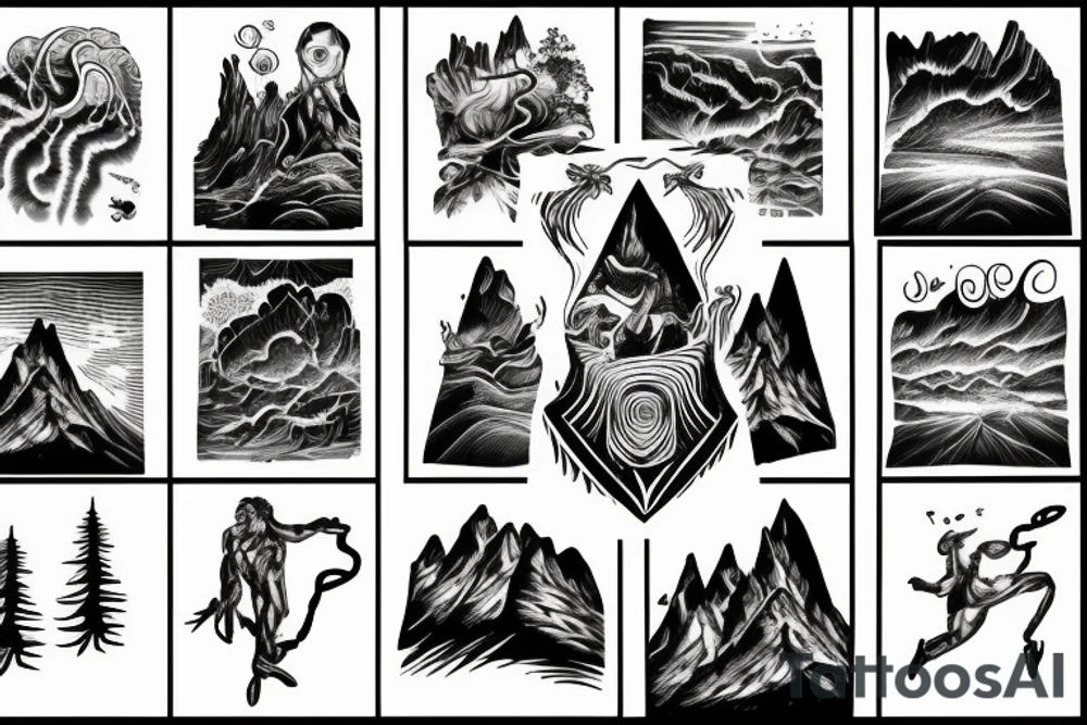 man with lightning in hand on the top of the mountain tattoo idea