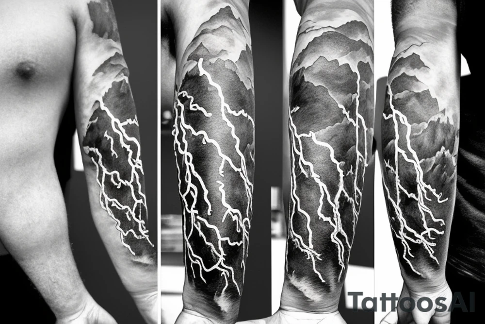 man with lightning in hand on the top of the mountain tattoo idea