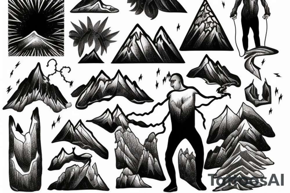 man with lightning in hand on the top of the mountain tattoo idea