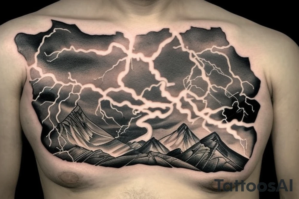 man with lightning in hand on the top of the mountain tattoo idea
