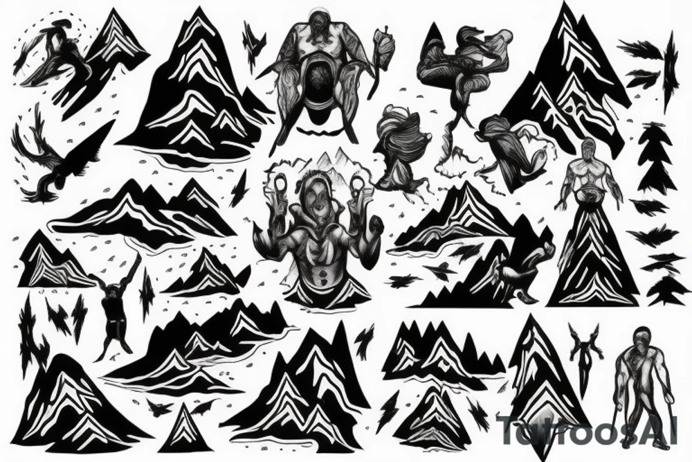man with lightning in hand on the top of the mountain tattoo idea