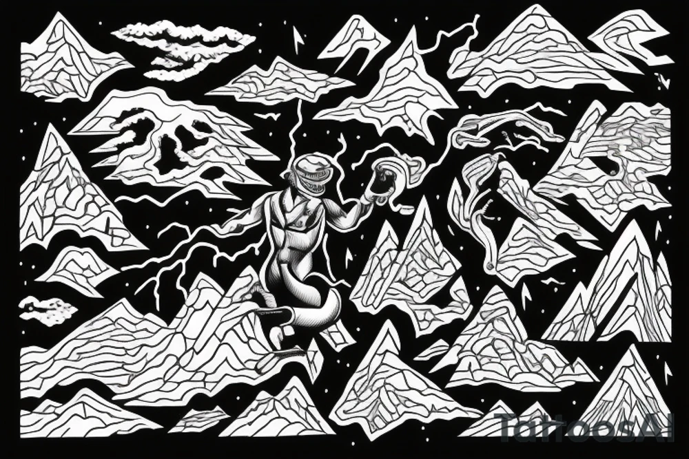 man with lightning in hand on the top of the mountain tattoo idea