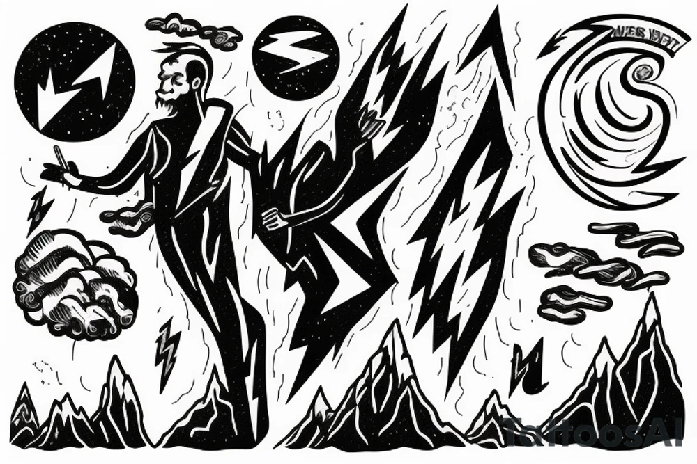 man with lightning in hand on the top of the mountain tattoo idea